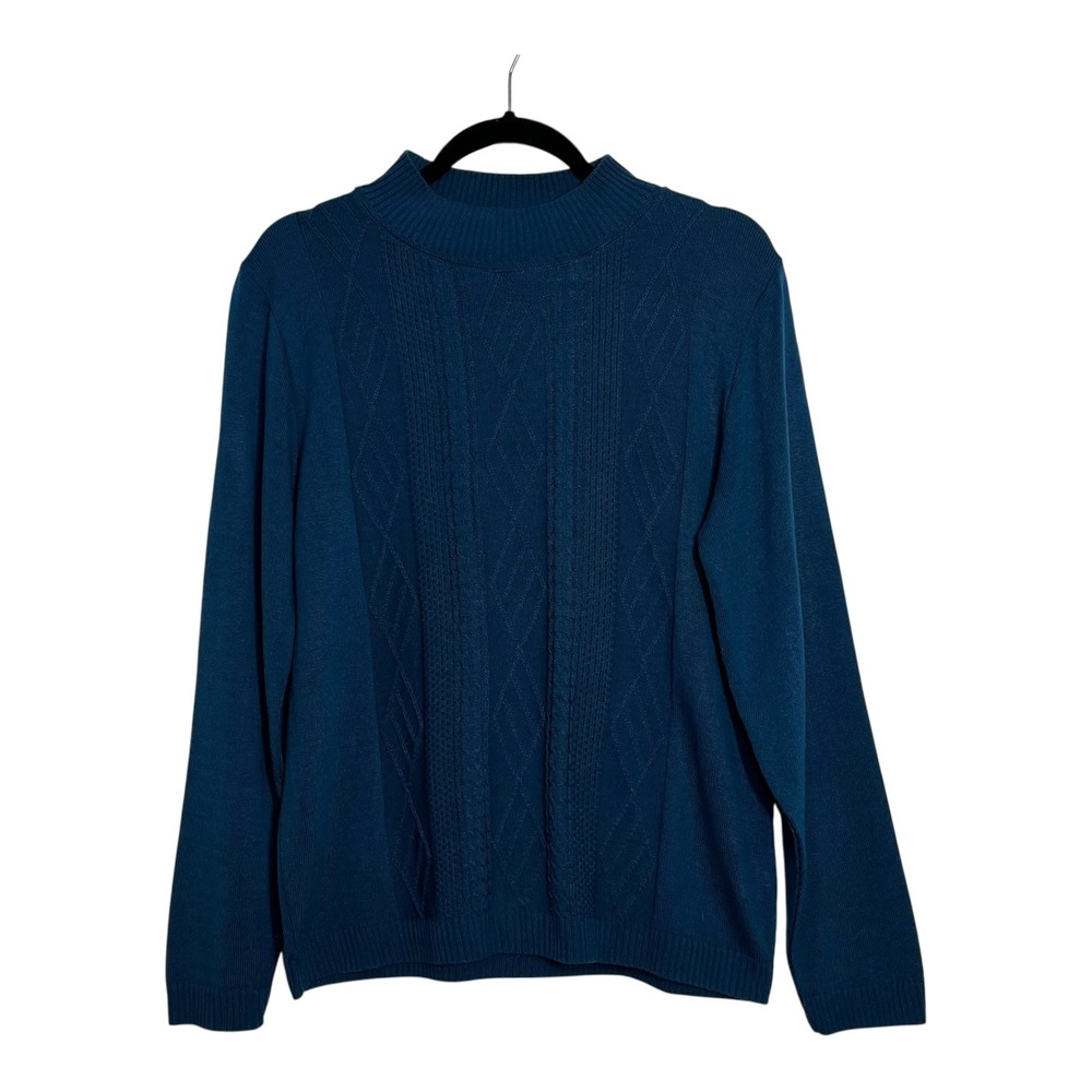 Alfred Dunner Womens Medium Teal Blue Mock Neck Diamond Cable Knit Sweater USA